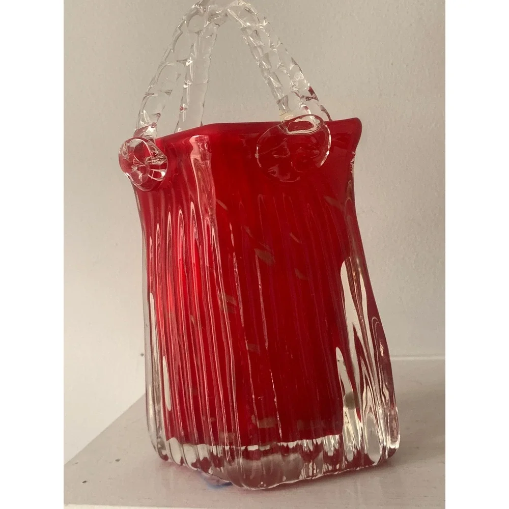Hand Blown Red Glass Purse Vase Gold‎ Aventurine Flecks Ribbed Art Glass Handbag